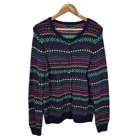 Talbots Sweaters - Talbots Lambswool Blend Rainbow Sweater Cardigan Size Large Navy Knit Button Up